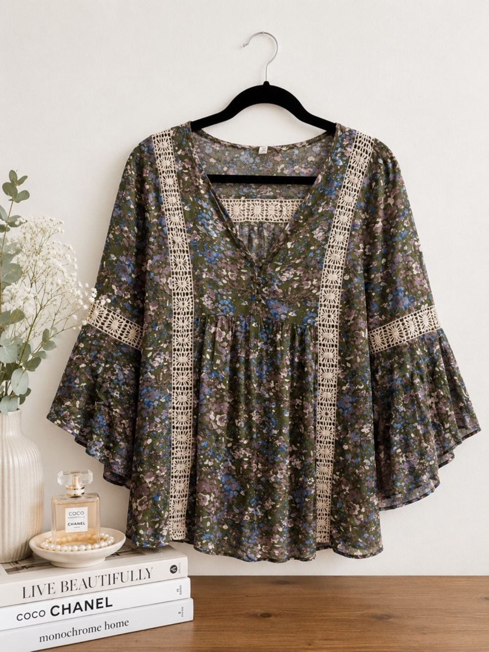 Flint & Moss New York Floral Boho Crochet Trim Bell Sleeve Blouse XL